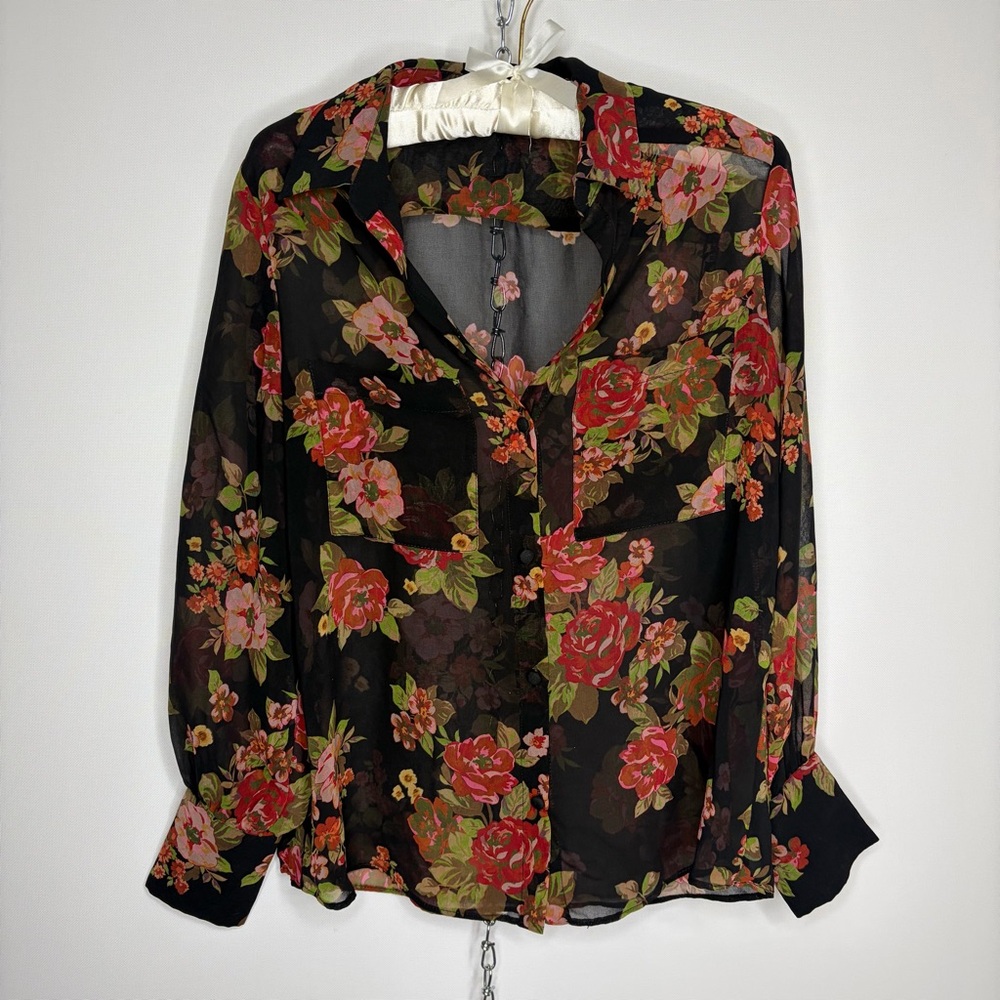 Zara Black Sheer Floral Button-Up Blouse with Red & Pink Flowers
